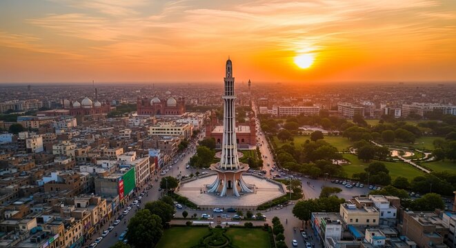Aerial view of Minar-e-Pakistan amidst a beautiful cityscape at sunset, Lahore, Punjab, Pakistan.