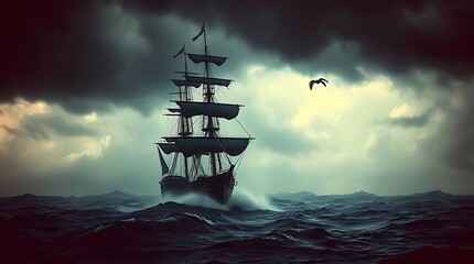 Fototapeta premium Epic Pirate Ship Sailing on a Stormy Ocean at Dramatic Sunse