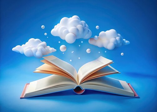 open book with floating clouds and papers on blue background - Powered by Adobe