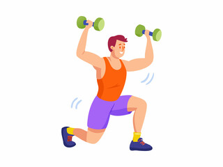 A cheerful cartoon man is depicted performing a dumbbell exercise, showcasing a healthy lifestyle.