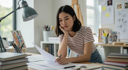 Woman focused on document at desk
