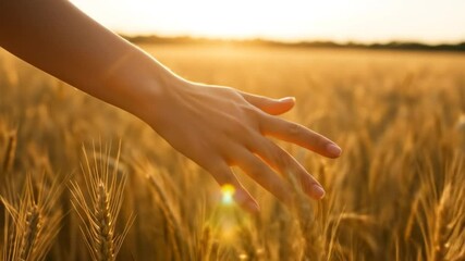 Hand gently touching golden wheat field at sunset, feeling nature's beauty - Powered by Adobe