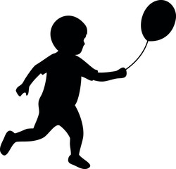A simple, black silhouette of a child running while holding a balloon.