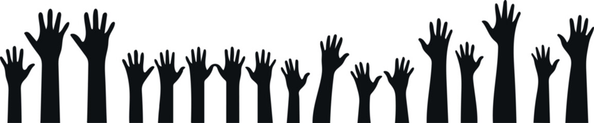 A horizontal row of black silhouette hands with outstretched arms, all raised upward against a plain white background.