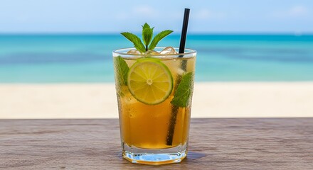 Refreshing Mojito Cocktail with Lime and Mint on Beach A Taste of Summer Vacation
