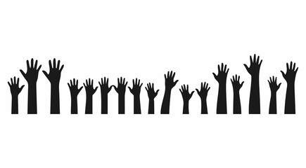 A horizontal row of black silhouette hands with outstretched arms, all raised upward against a plain white background.
