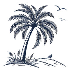 Serene coastal scene featuring a tall, lush palm tree with vibrant fronds, two seagulls soaring overhead, and a small bird resting on the sandy