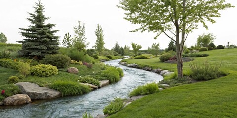 Serene Stream Lush Green Landscape with Rock Borders, garden ,creek