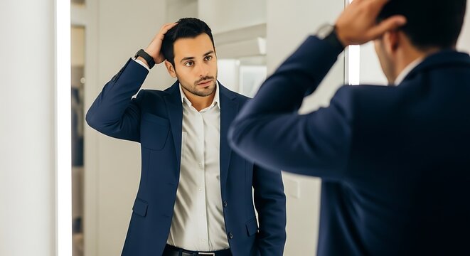 Man in Suit Adjusting Hair in Dressing Room Mirror