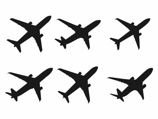 Six black silhouettes of commercial airplanes in various flight positions against a plain white background.