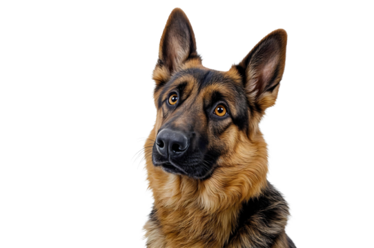 German Shepherd Dog Portrait: A majestic German Shepherd, with its characteristic sable coat and alert expression, gazes intently towards the upper left, displaying intelligence and loyalty.