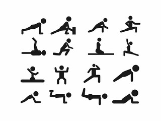 Simple black and white stick figure icons depicting various exercise poses.Circuit Training Icons. Solid, filled icons set of full-body circuit training: push-up, squat, jumping jack,
