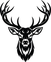 Fototapeta premium A stylized black and white illustration of a deer head with large antlers on a white background on transparent background silhouette
