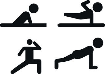 Simple black and white stick figure icons depicting various exercise poses.Circuit Training Icons. Solid, filled icons set of full-body circuit training: push-up, squat, jumping jack,