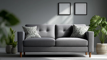 Stylish Home Interior with Grey Couch and Decorative Plants – Scandinavian Minimalist Living Space Concept, modern living room, grey sofa, interior design, minimalist home, indoor plants,
home decor, 