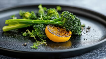 Tenderstem broccoli and charred lemon served in black plate