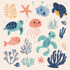 Obraz premium Cute sea animals clipart with jellyfish, starfish and turtle in soft cheerful design, ideal for nursery prints, kids room wall art or playful summer decoration 
