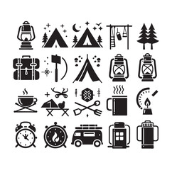 Camping elements set silhouette vector graphics