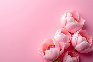 Fototapeta premium Pink peony flowers arrangement on a soft pink background with copy space floral nature spring bloom petals