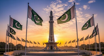 Magnificent view of Minar e Pakistan with Pakistani flags waving in the wind, showcasing national pride against a stunning sunrise backdrop.