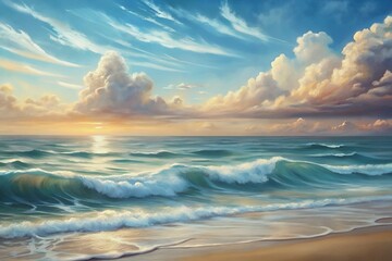 Fototapeta premium Serene ocean waves crash gently on a sandy beach under a colorful sky at sunset