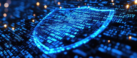 Digital shield graphic overlaid on binary code.