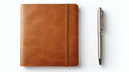 A leather notebook and pen are arranged on a white surface, perfect for business or planning.