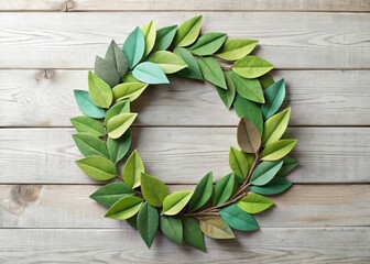 paper leaf spring wreath on white wooden background