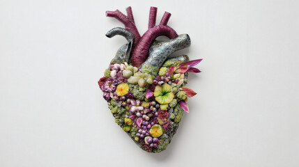 An artistic human heart sculpture blossoming with flowers and intricate details.
