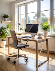 Modern home office setup with an ergonomic chair, monitor, and coffee in a Scandinavian-style decor.