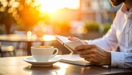 Homem de negócios casual revisando anotações e tomando espresso em um terraço de café.