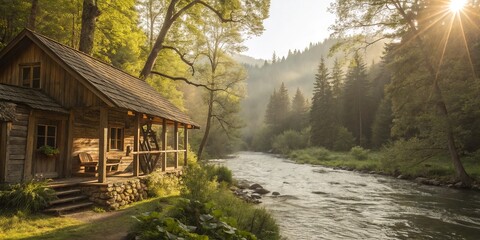 Sunlit Cabin by River Forest Escape, wooden house , nature scene