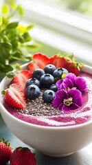Vibrant Berry Smoothie Bowl with Fresh Flowers and Seeds