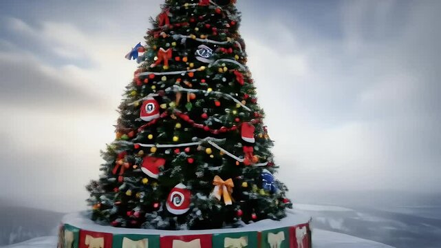 Majestic xmas tree on snowy hill with winter backdrop