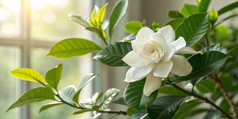 Sunlit White Flower Close-up of Gardenia with Green Leaves near Window,floral ,blossom