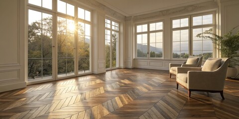 Sunlit Grand Room Elegant Armchairs, Herringbone Floor and Nature View, interior design ,luxury home