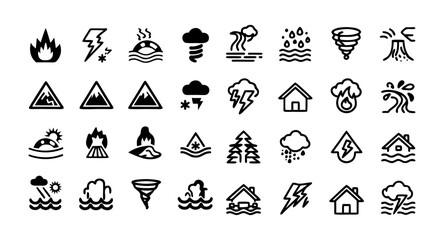 Disaster and Weather Hazard Line Icon Set – Thin Linear Vector Pictograms of Wildfire, Earthquake, Tornado, Flood, Tsunami, Volcanic Eruption, Blizzard, and Natural Calamities