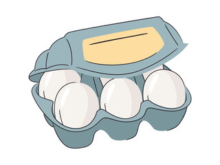 Six fresh chicken eggs in a cardboard box on white background. Healthy eating or farm fresh concept, protein. Bright and clean design, minimal vector illustration