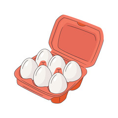 Six fresh chicken eggs raw in an opened carton box on white background. Healthy eating or farm fresh concept, protein. Bright and clean design, minimal vector illustration