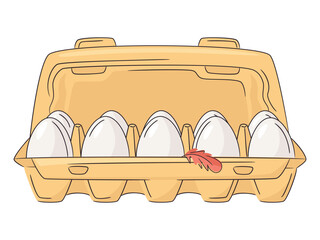 Ten fresh chicken eggs raw in a green cardboard box isolated on white background. Healthy eating or farm fresh concept, protein. Bright and clean design, minimal vector illustration