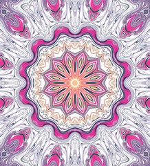 A mesmerizing abstract mandala with a vibrant blend of pink, purple, orange, and black tones. The symmetrical flower-inspired design features fluid lines and wavy textures
