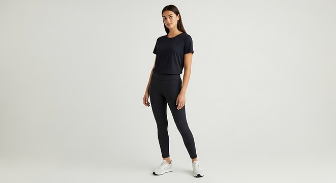 Woman in activewear, showcasing sportswear design against a plain background,Fitness apparel for women, featuring leggings, a t-shirt, and running shoes