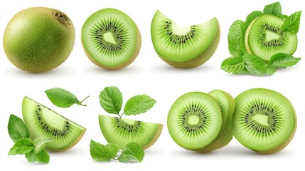 Fototapeta premium Kiwi fruit slices and whole kiwi with leaves.