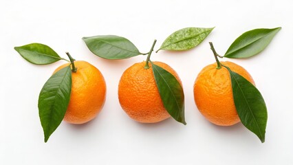 Three Fresh Tangerines with Green Leaves on White, Citrus , Fruit