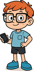 Cartoon boy character with glasses, smiling, holding smartphone, in casual clothes, standing confidently, isolated on white background illustration