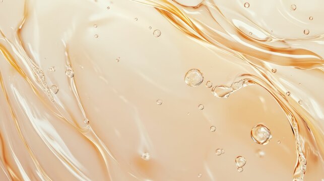 Clear orange cosmetic gel texture with bubbles. Dripping jelly serum beauty skincare product isolated on white background.