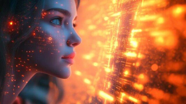 Close-up of a girl's face with digital elements on her skin, looking at a glowing orange data panel. Concept of artificial intelligence, future technologies, synthesis of humans and AI.