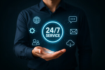 Businessman presenting 24/7 customer service solutions with global communication and support icons, symbolizing always-on assistance, reliability, and around-the-clock business services
