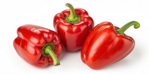 Three Shiny Red Bell Peppers on White, Produce ,Vegetables