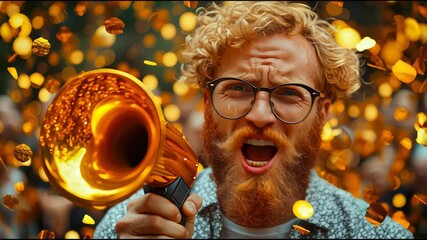 Man with a beard shouting through a megaphone decorated with dollar bills, expressing urgency and financial motivation